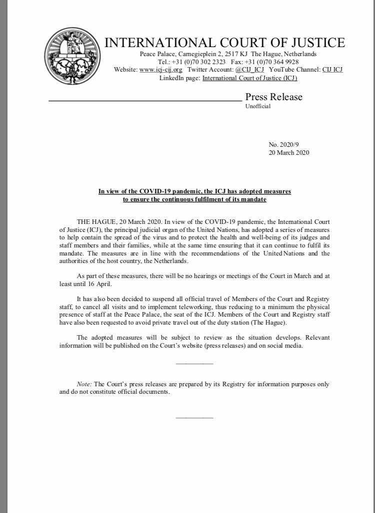 Press Release by International Court of Justice